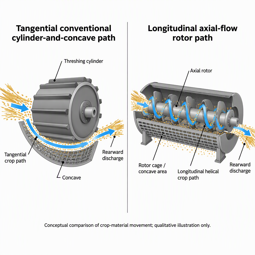 Sch&eacute;ma comparant le flux de r&eacute;colte &agrave; travers un chemin de cylindre tangentiel et un chemin de rotor &agrave; flux axial