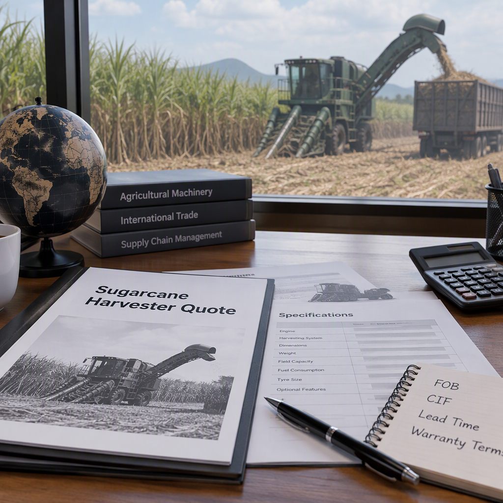 Acheteur international comparant les documents de devis pour les r&eacute;colteuses de canne &agrave; sucre avec la configuration de la machine et les conditions de livraison