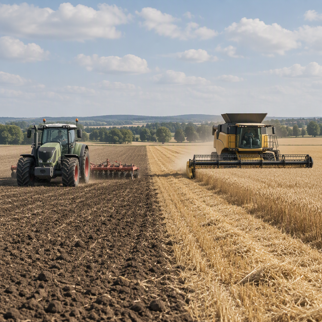 Tracteur travaillant avec un outil et une moissonneuse effectuant des t&acirc;ches distinctes sur le terrain