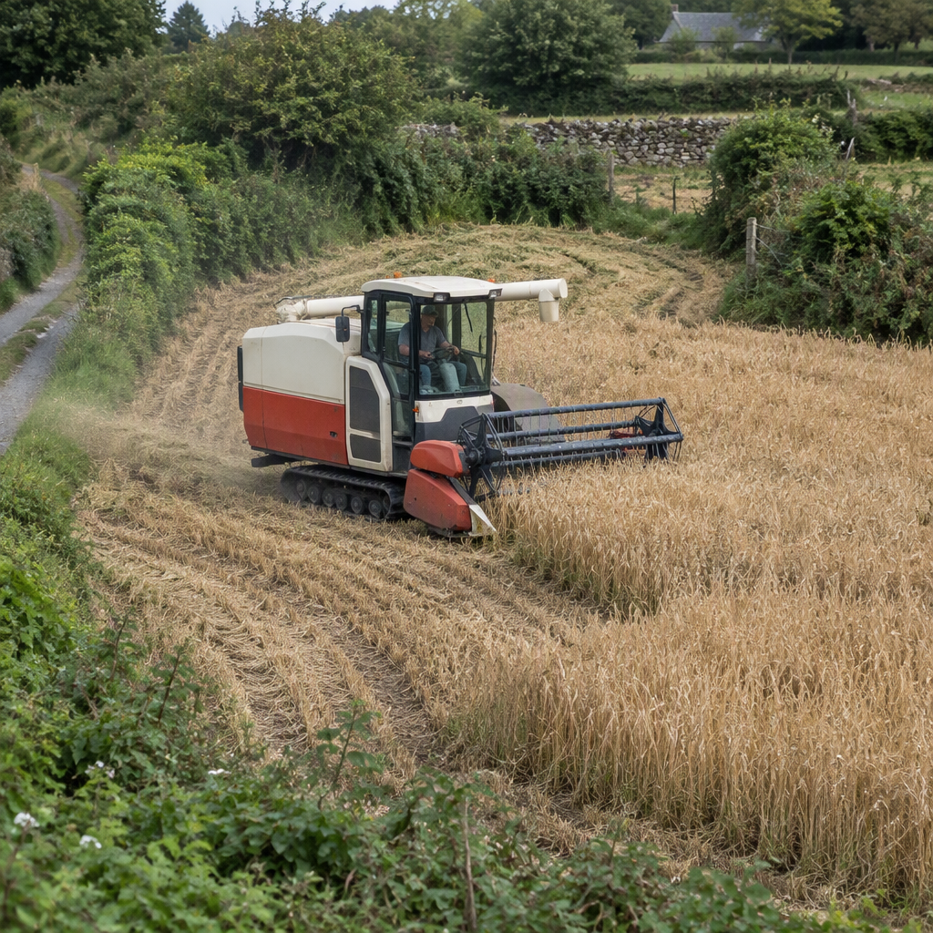 Petite moissonneuse-batteuse sur chenilles r&eacute;coltant un champ irr&eacute;gulier avec un acc&egrave;s &eacute;troit